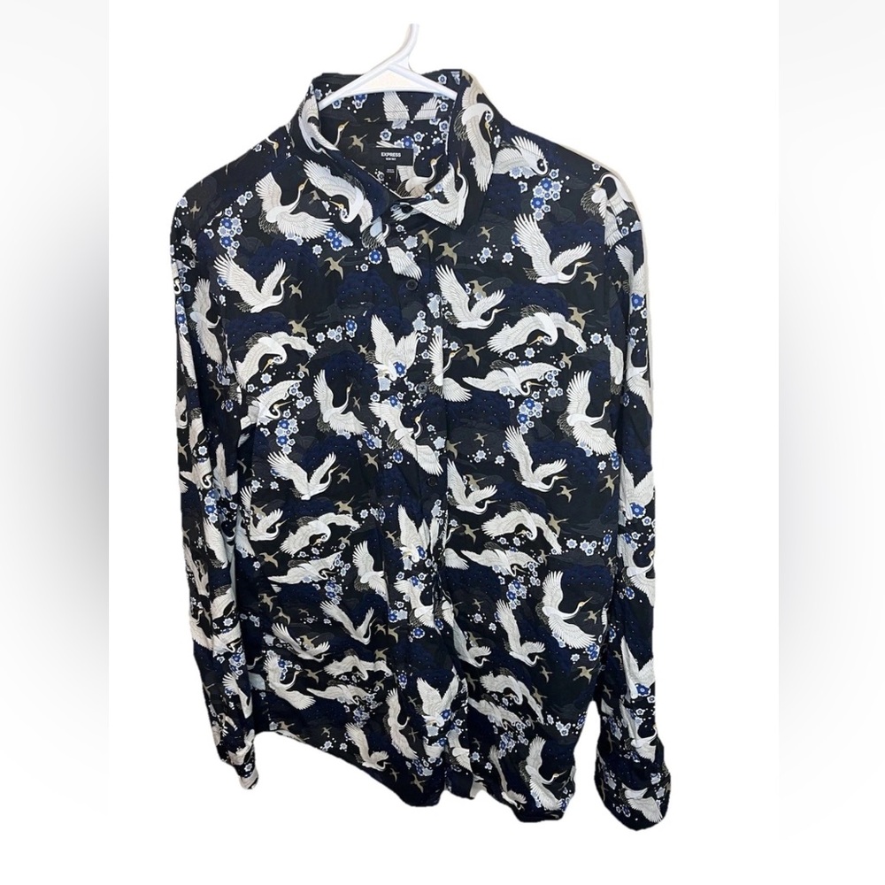 Express Mens Slim 1MX Long Sleeve Black Blue Crane Birds Shirt Button Up Size L - Picture 3 of 8